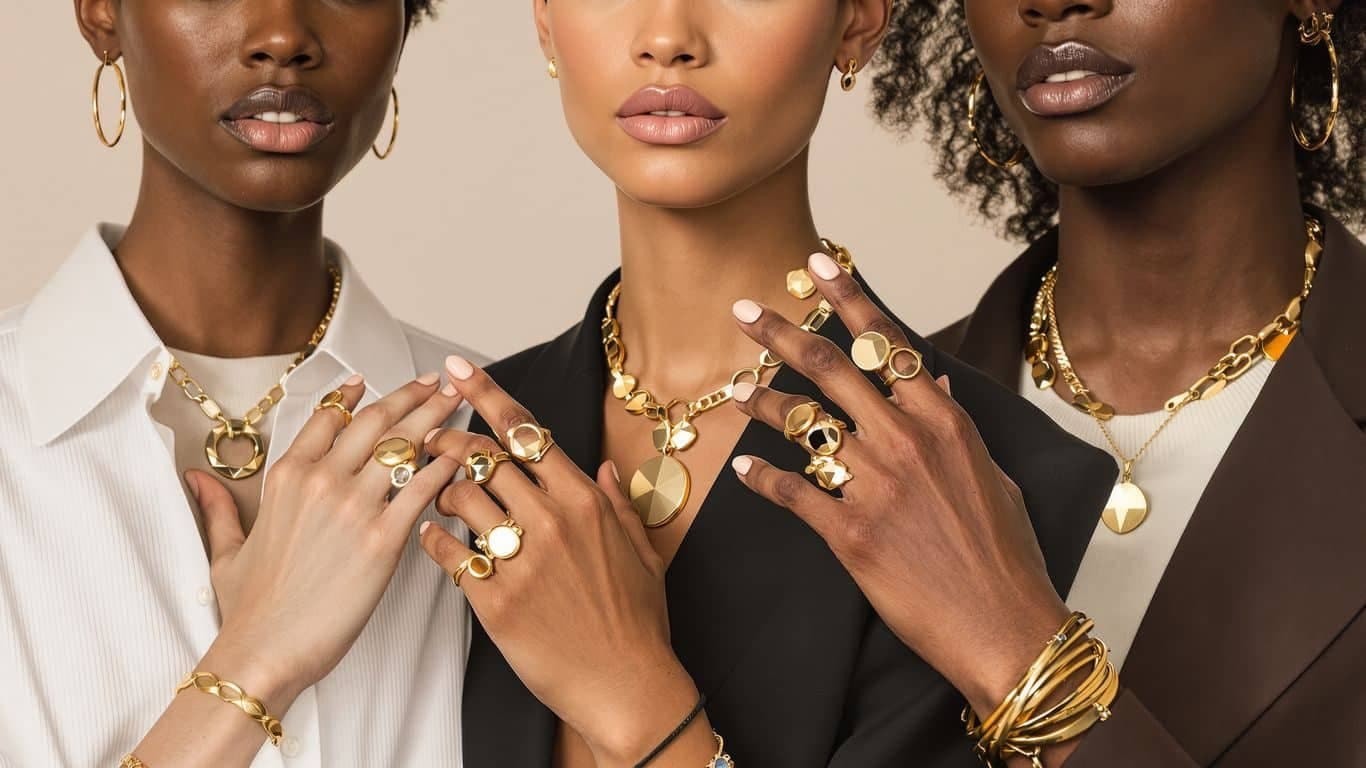 Trois femmes portant des bijoux dorés